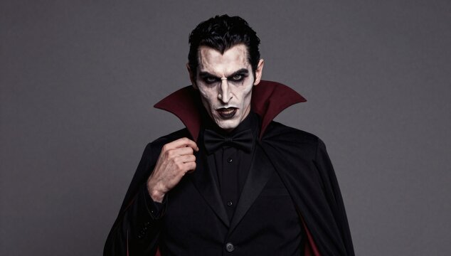 Scary man dressed as a vampire adjusts his collar for a spooky halloween portrait