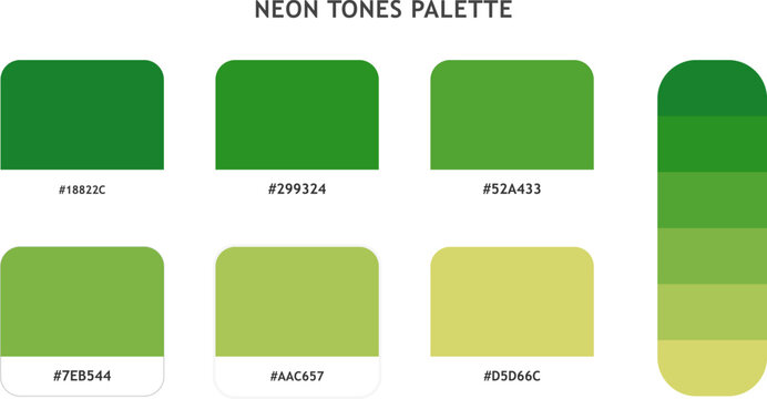 Neon tones palette showing bright high visibility color swatches with hex codes for modern graphic design applications.
