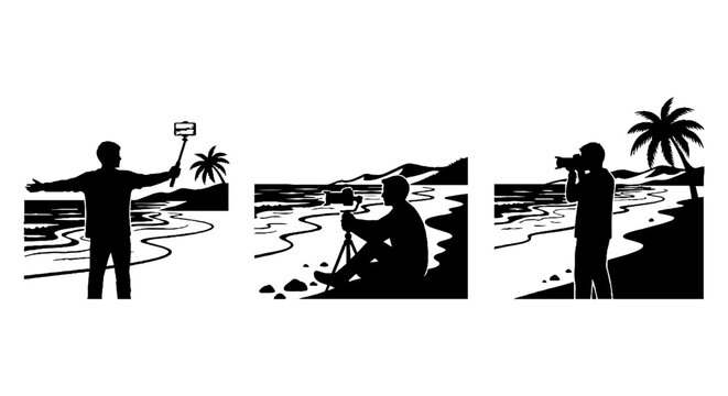 Silhouettes of people enjoying beach photography and selfie.
