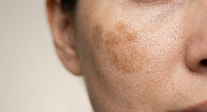 Woman with facial melasma and and hyperpigmentation, natural skin texture. For skincare, dermatology, beauty, and beauty awareness.