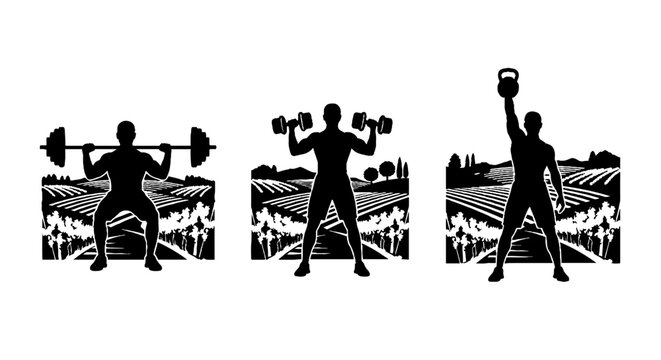 Silhouette of weightlifters in action against vineyard backdrop.