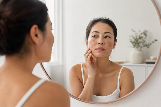 Woman examining facial melasma in a bright mirror selfie, a natural skincare and dermatology concept for beauty, diagnosis, and treatment campaigns.