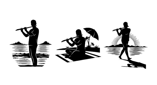 Three silhouettes playing flutes by the water.