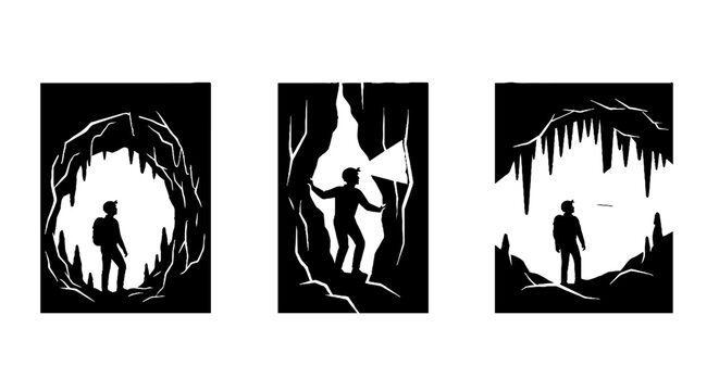 Silhouette of person exploring dark cave interior.