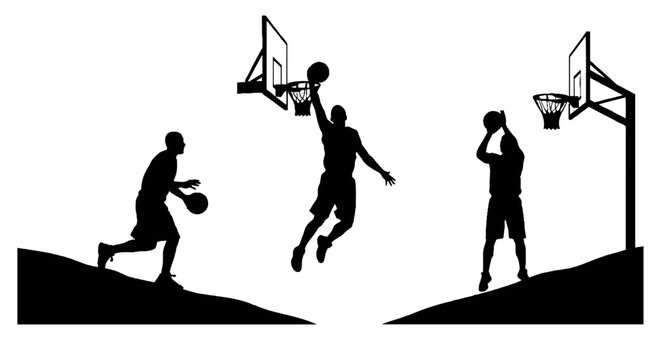 Silhouette of basketball players in action on court.