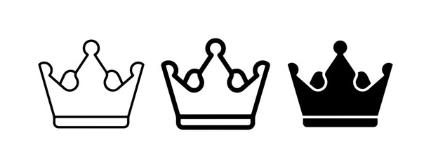 Minimalist crown icon set, black royal tiara vector symbols, 3 king and queen headwear line art illustrations © Tohim