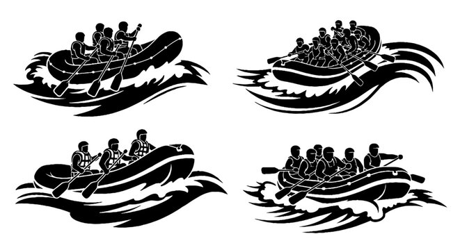 Black and white illustration of rafting adventure groups.