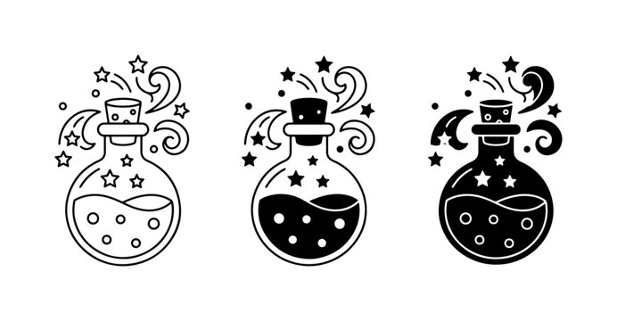 Magic potion bottle icons, mystical alchemy elixir set, 3 vector flask illustrations with stars and swirls
