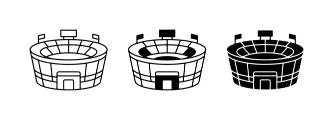 Sports stadium icon set, football arena vector symbols, 3 black and white stadium line art illustrations © Tohim