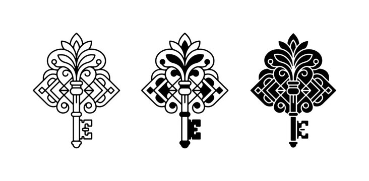 Vintage ornate key icons, set of 3 decorative antique skeleton keys, black and white filigree vector illustrations
