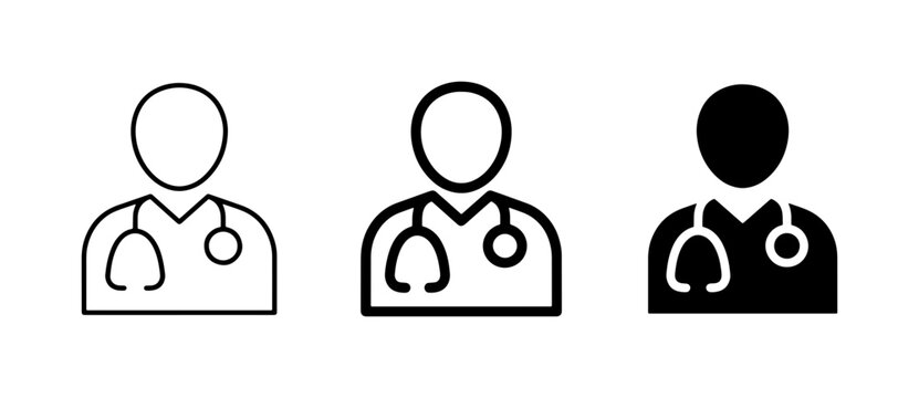 Medical doctor icon set, healthcare professional avatar with stethoscope, 3 vector symbols for clinic and hospital apps