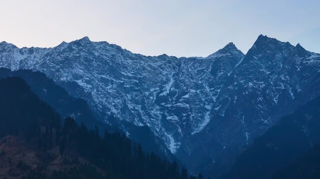 Beautiful Sunrise Aerial View of Manali Valley with Snow Covered Himalayan Mountains, Golden Morning Light, Misty Landscape, Green Forests, Peaceful Mountain Scenery, Crystal Clear Sky and Breathtakin