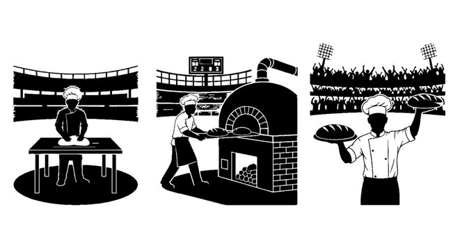 Illustrations of various professions at work in stadium setting.