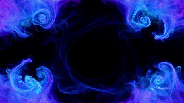 Cinematic smoke cloud background swirling neon blue purple vapor frame art design element with dreamy abstract motion swirl border around dark empty center soft glow atmosphere fantasy effect scene