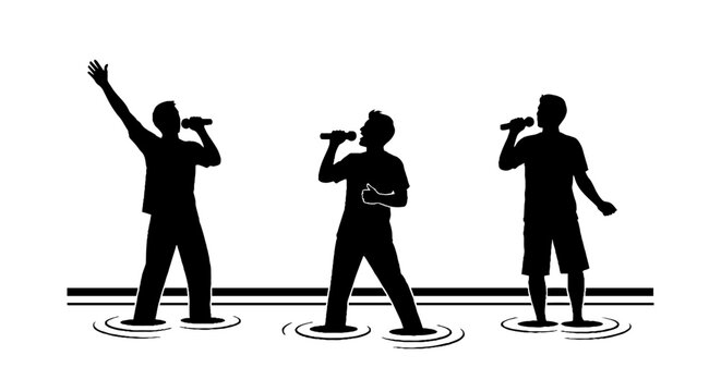 Silhouettes of three singers performing on stage.