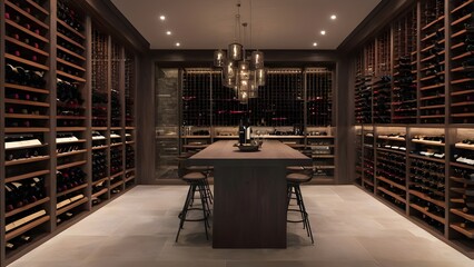 Naklejka premium Luxurious modern wine cellar interior with elegant wooden shelving, extensive bottle collection, central tasting table, and sophisticated lighting