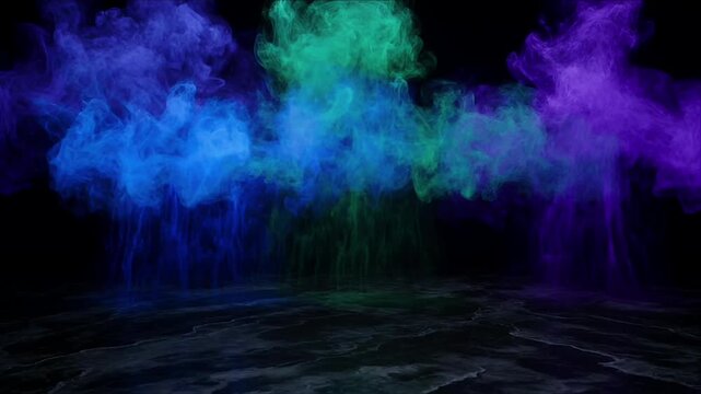 Cinematic smoke cloud background with vibrant blue purple green color gradient dark black space and reflective water floor creating abstract dreamy mist vapor atmosphere with neon fog swirling