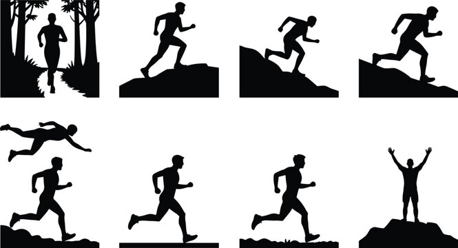Trail running silhouette collection featuring mountain runners outdoor fitness adventure race and victory poses isolated on white background
