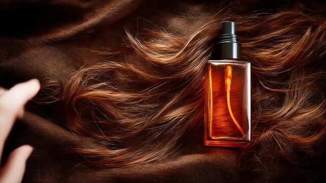 Close up of a perfume bottle held by a hand over flowing brown hair