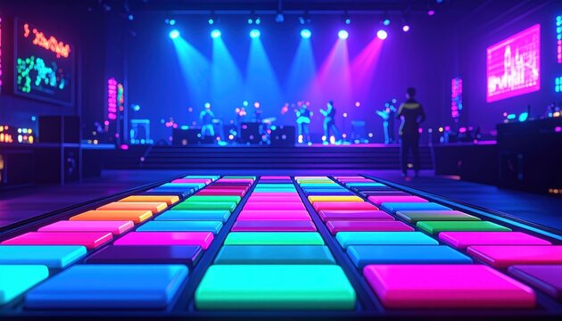A brightly lit nightclub with a colorful dancefloor and a band on stage