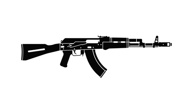 Silhouette of AK-47 Assault Rifle, Kalashnikov Gun, Isolated on White Background