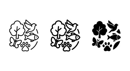 Fototapeta premium Nature Icons Set: Wildlife, Trees, Birds, Fish, Butterflies, Paw Prints, Vector Graphics