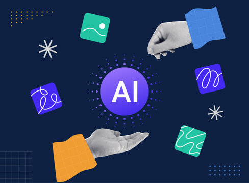 Halftone collage illustration of AI concept with hands reaching toward glowing artificial intelligence icon and abstract elements.