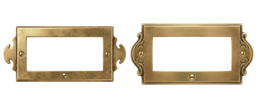 Brass library drawer label holders isolated on transparent background vintage metal name tag frames antique cabinet hardware furniture pull plates.