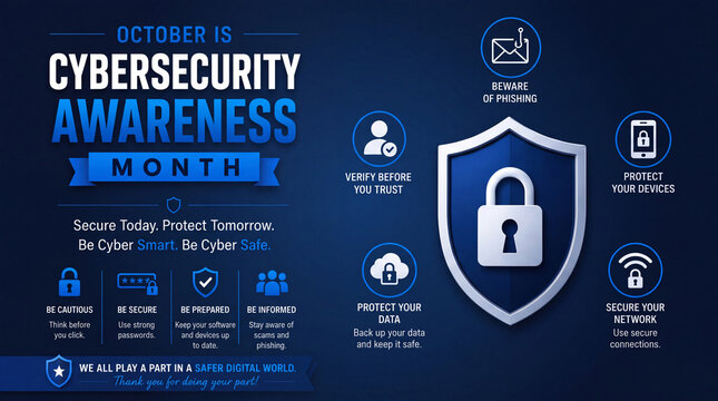 Cybersecurity Awareness Month Infographic with Online Security Tips and Data Protection Shield