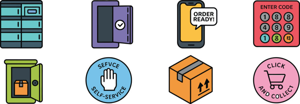 Self service pickup and smart locker icon set vector illustration
