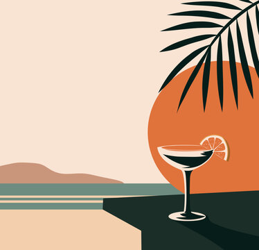 Stylish minimalist vector illustration of a cocktail with an orange slice against a sunset, palm leaves. Beachy atmosphere for summer promotions, summer designs, bar menus, travel poster, social media