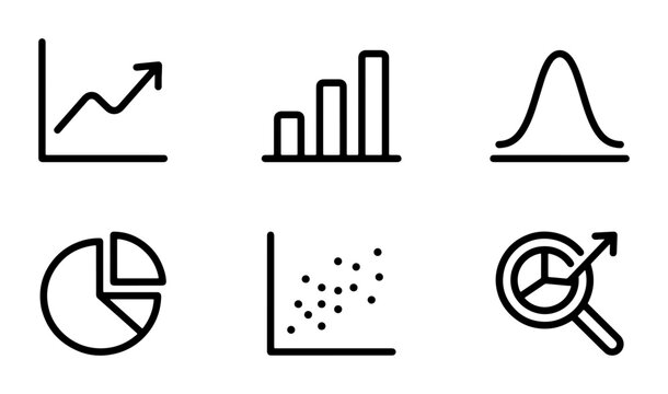 Data Visualization Icons: Line Graph, Bar Chart, Bell Curve, Pie Chart, Scatter Plot, Magnifying Glass Analysis Vector Set