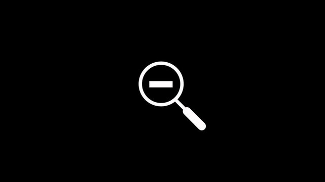 Magnifying glass with minus icon loop animation on black background. Magnifying glass zoom out icon animation. Search minus symbol for zoom out function with alpha channel