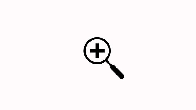 Animated magnifying glass zoom icon loop on a white background. Zoom in icon animation. Plus sign icon for zoom in function with alpha channel