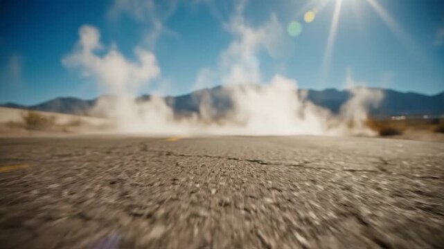 White smoke swirls over a rough asphalt road surface