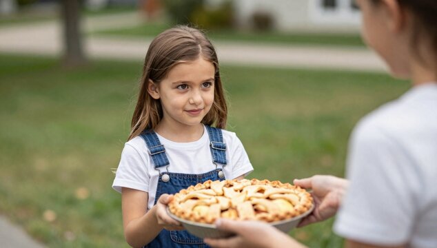 Little girl with long brown hair offers a homemade apple pie outdoors