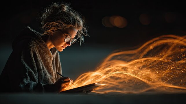 Professional female designer using a tablet with 3D holographic creative tools and glowing light trails representing remote graphic design and digital art studio technology concept scene 