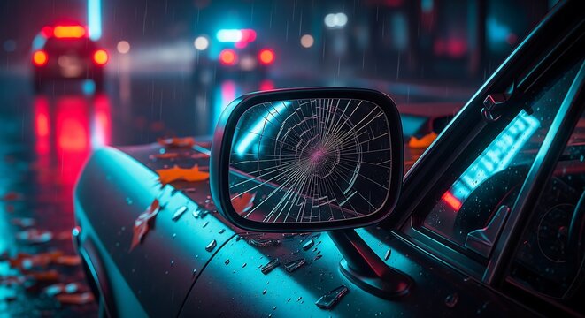 Broken car side mirror with city street lights at night