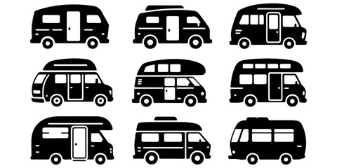 Camper van caravan and motorhome silhouette icon collection for travel themes Camper van and recreational vehicle black silhouette icon © Lutfunnaher