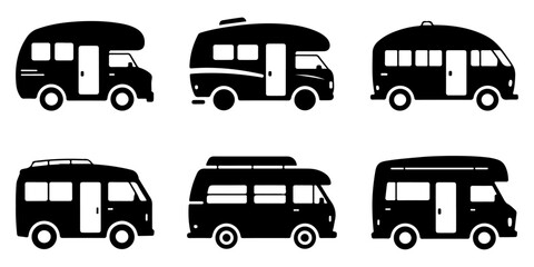 Camper van caravan and motorhome silhouette icon collection for travel themes Camper van and recreational vehicle black silhouette icon © Lutfunnaher