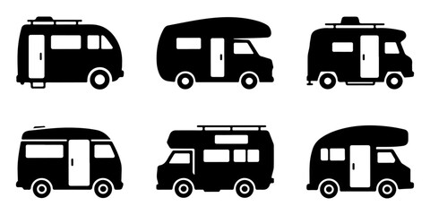 Camper van caravan and motorhome silhouette icon collection for travel themes Camper van and recreational vehicle black silhouette icon © Lutfunnaher