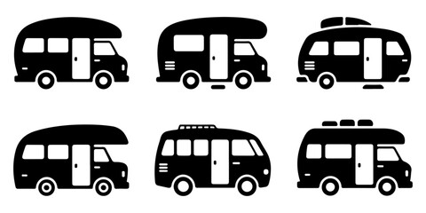 Camper van caravan and motorhome silhouette icon collection for travel themes Camper van and recreational vehicle black silhouette icon © Lutfunnaher