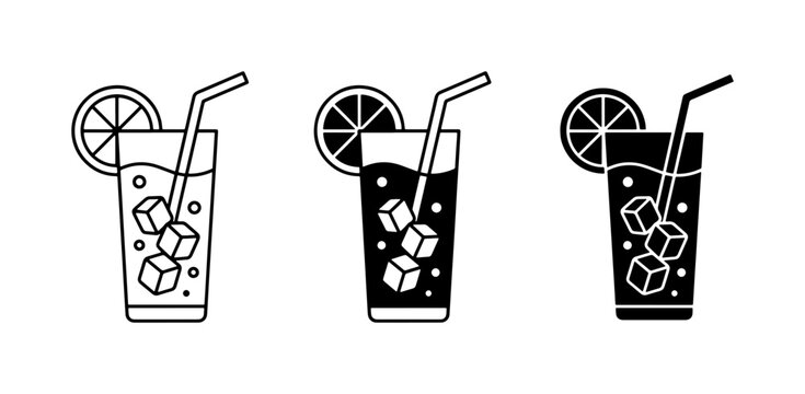 Refreshing Iced Drinks Collection, 3 Vector Styles: Outline, Solid Black, Silhouette for Refreshment and Beverage Concepts