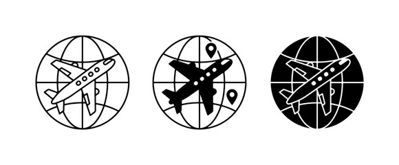 Airplane Travel Icons, Global Flight Routes, World Map Pins, Vector Set for Aviation and Tourism Concepts © Bithy