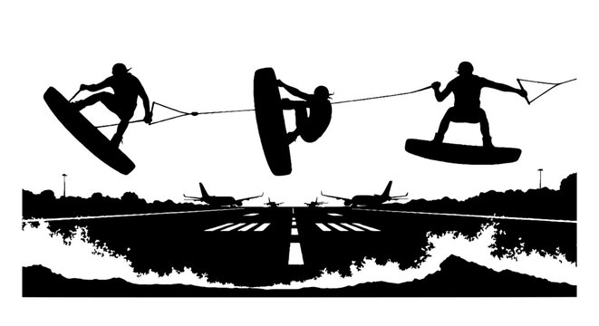 Wakeboarders performing aerial tricks over water.