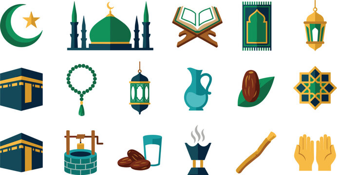 Islamic Ramadan Mubarak and Eid Celebration Icon Set with Kaaba Mosque Quran Lantern Prayer Rug Dates and Muslim Religious Culture Vector Elements