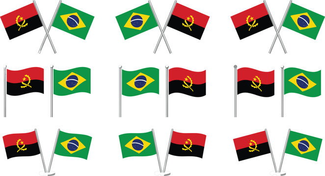 Brazil and Angola Crossed Flag Icon Set with Waving National Symbols for Bilateral Relations Diplomacy International Partnerships and Lusophone Alliance Vector Designs