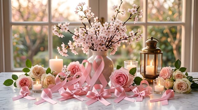 Pink ribbons displayed on a table celebrate the strength of cancer survivors.