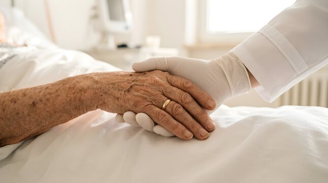 Doctor holds the hand of an elderly patient to offer support and comfort now.