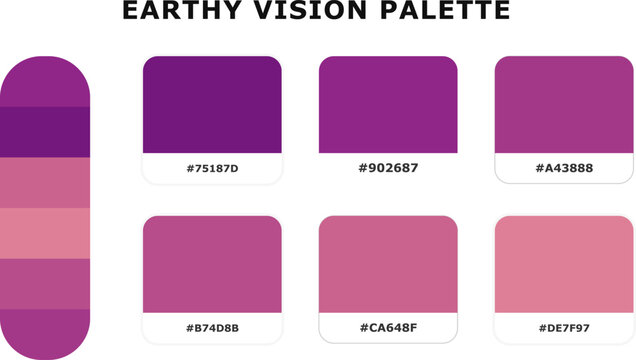 Earthy vision palette presents deep violet and plum color spectrum with hex codes for modern branding design resources.